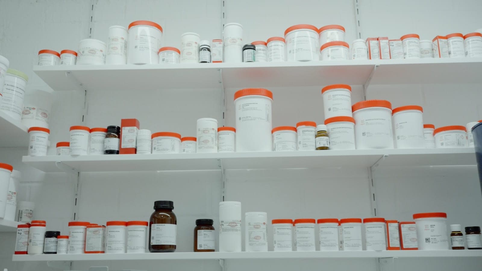 Shelves of medication bottles in a dispensary