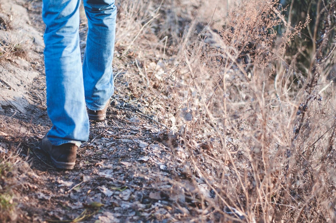 A person walking along a dirt trail, seen from behind